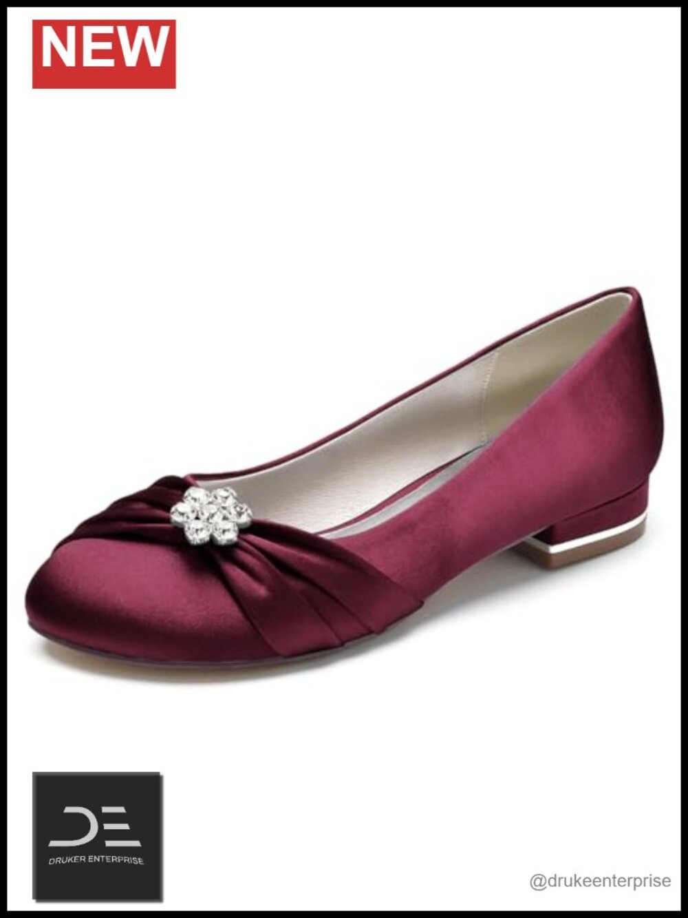 Satin Round Toe Bridal Flats with Rhinestones Women's Wedding Shoes 1" Heel